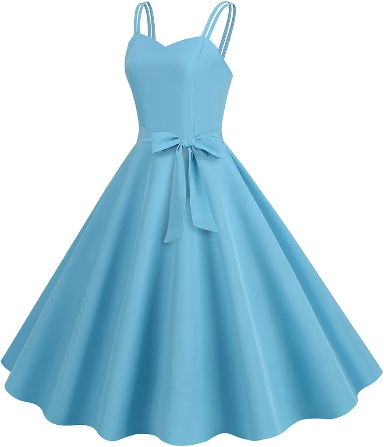 Women's Rockabilly Dresses 50's Vintage Spaghetti Strap Sleeveless Solid Prom Cocktail Swing Midi Dress