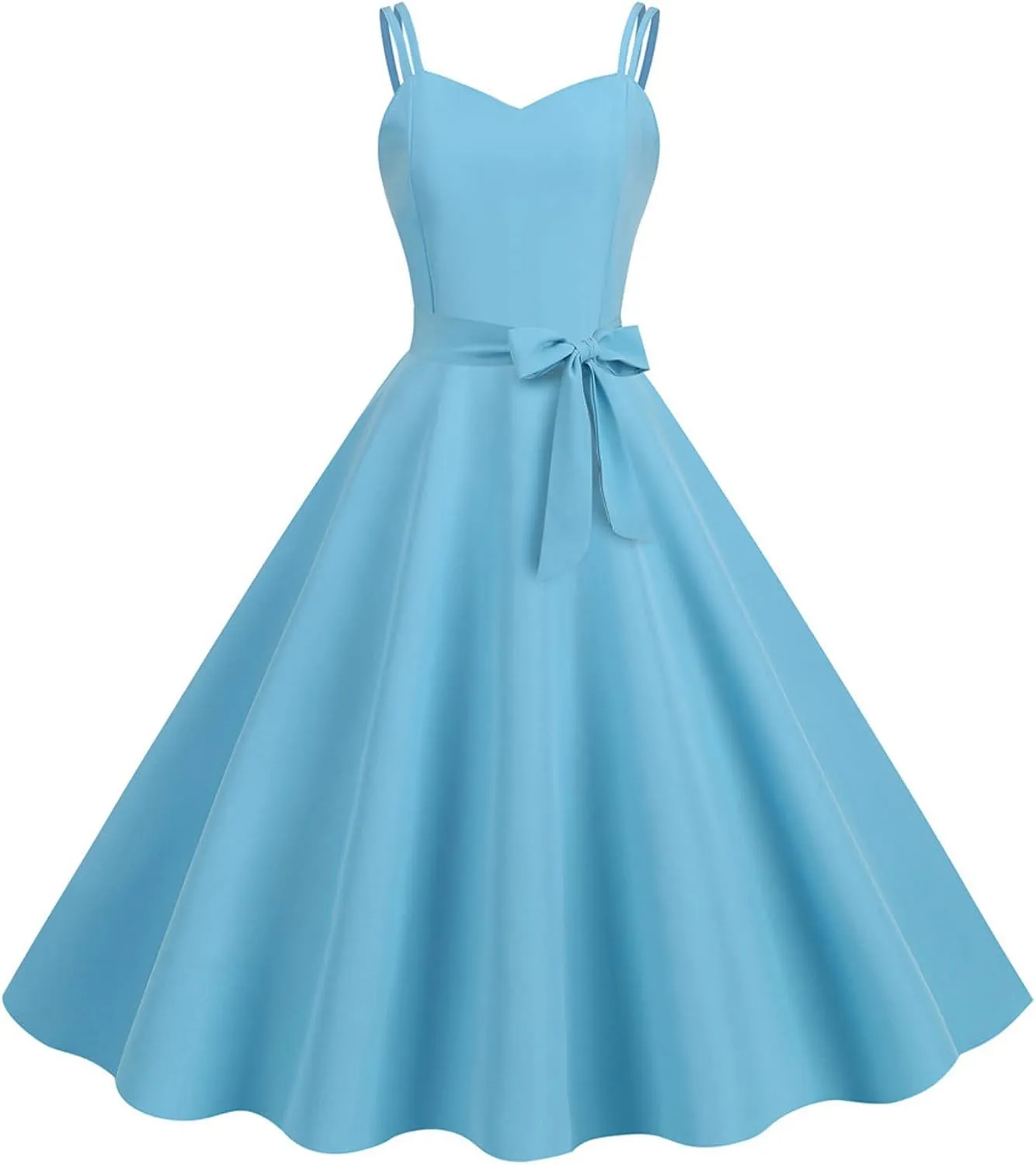 Women's Rockabilly Dresses 50's Vintage Spaghetti Strap Sleeveless Solid Prom Cocktail Swing Midi Dress