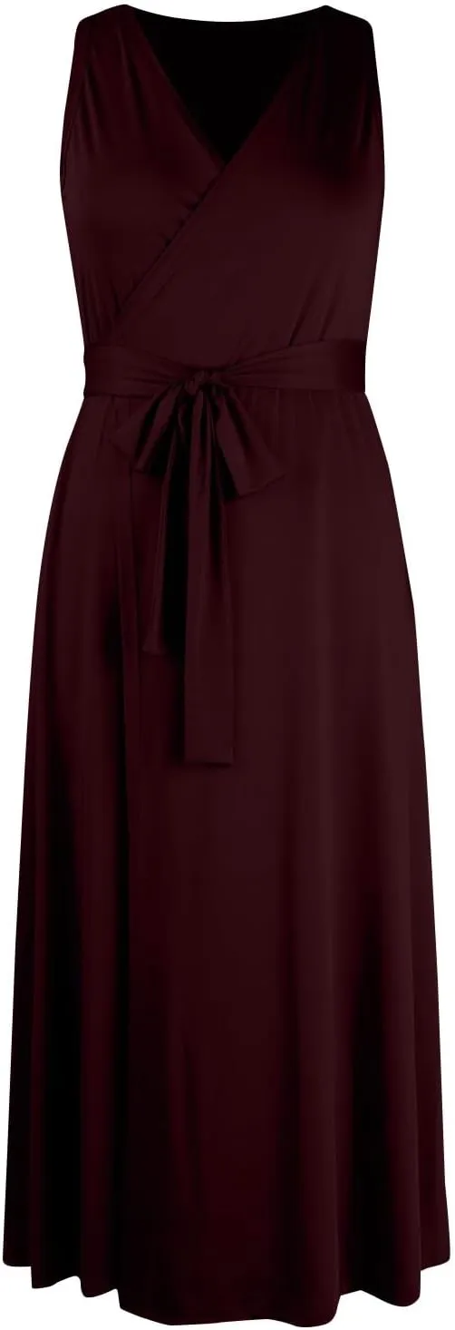 Women's Ruched Wrap V Neck Business Work Elegant Dress Sleeveless A Line Midi Ruched Church Dresses with Belt