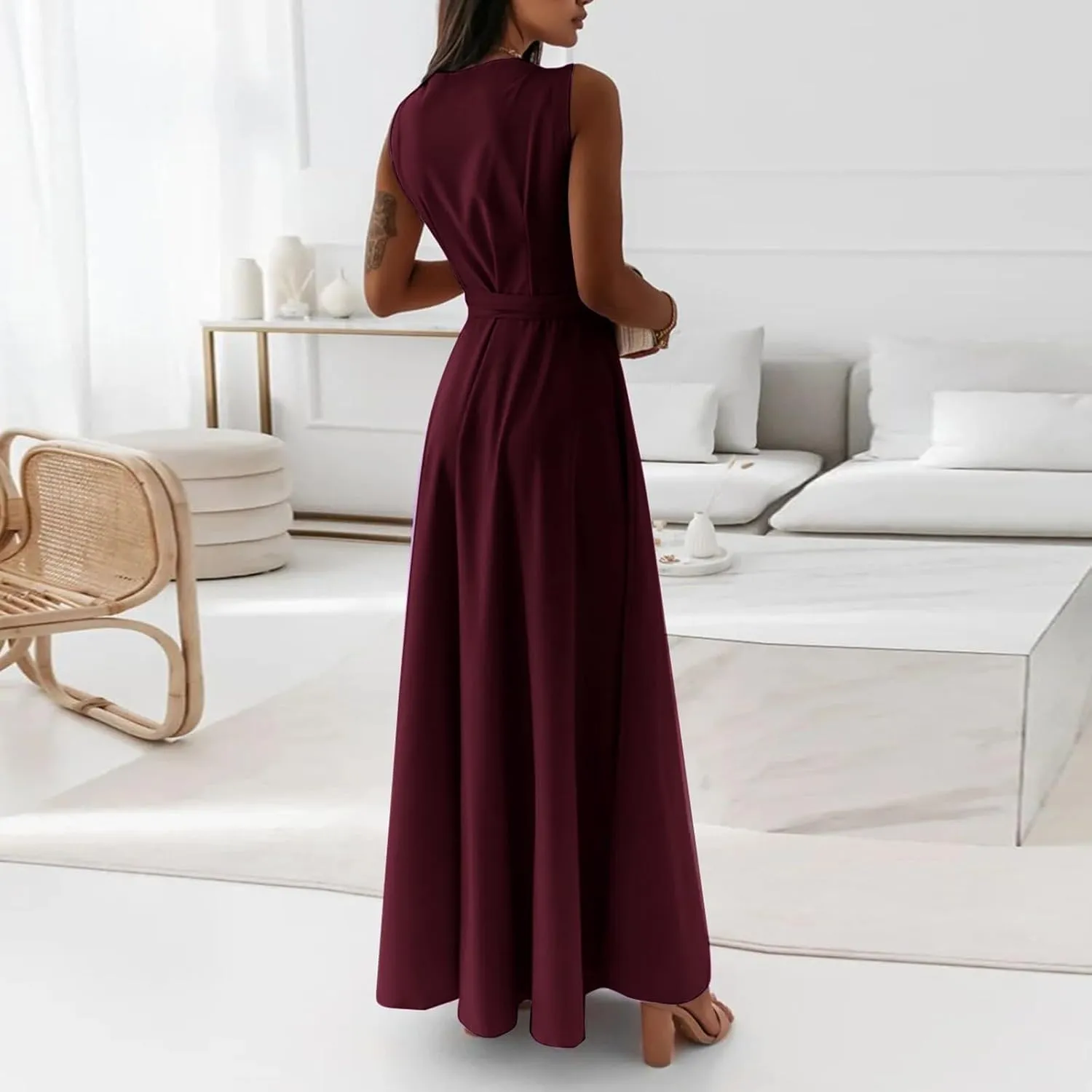 Women's Ruched Wrap V Neck Business Work Elegant Dress Sleeveless A Line Midi Ruched Church Dresses with Belt