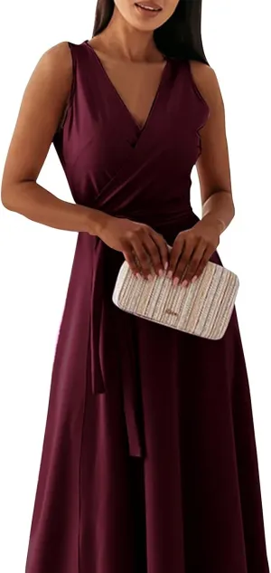 Women's Ruched Wrap V Neck Business Work Elegant Dress Sleeveless A Line Midi Ruched Church Dresses with Belt