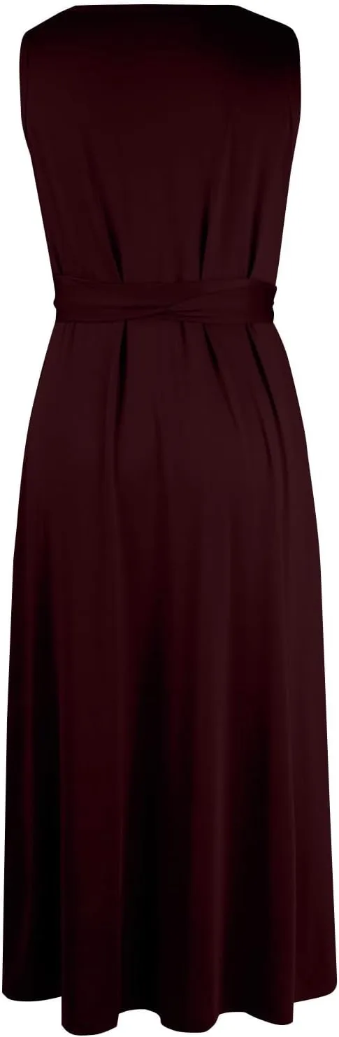 Women's Ruched Wrap V Neck Business Work Elegant Dress Sleeveless A Line Midi Ruched Church Dresses with Belt