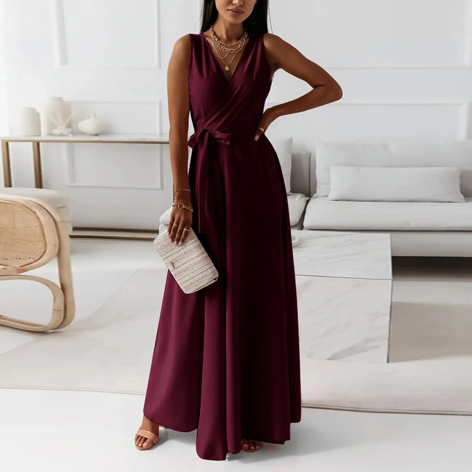 Women's Ruched Wrap V Neck Business Work Elegant Dress Sleeveless A Line Midi Ruched Church Dresses with Belt