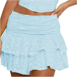 Women's Ruffle Skirts Layered Pure Ruffle Swing Skirt Vintage Lace Short Skirts Cute Flared Hem Skirts Outfits