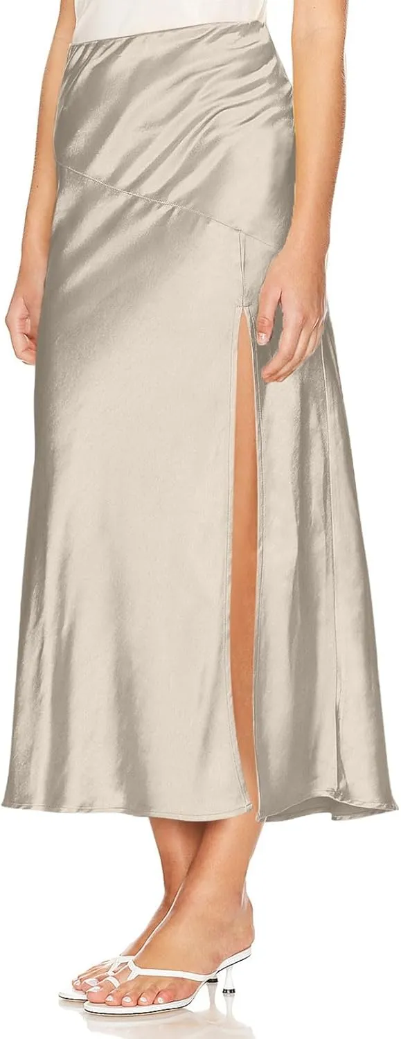 Women's Satin High Waisted Side Split Maxi Skirt Elastic Waistband Zipper Long Skirts A-Line Cocktail Work Skirt