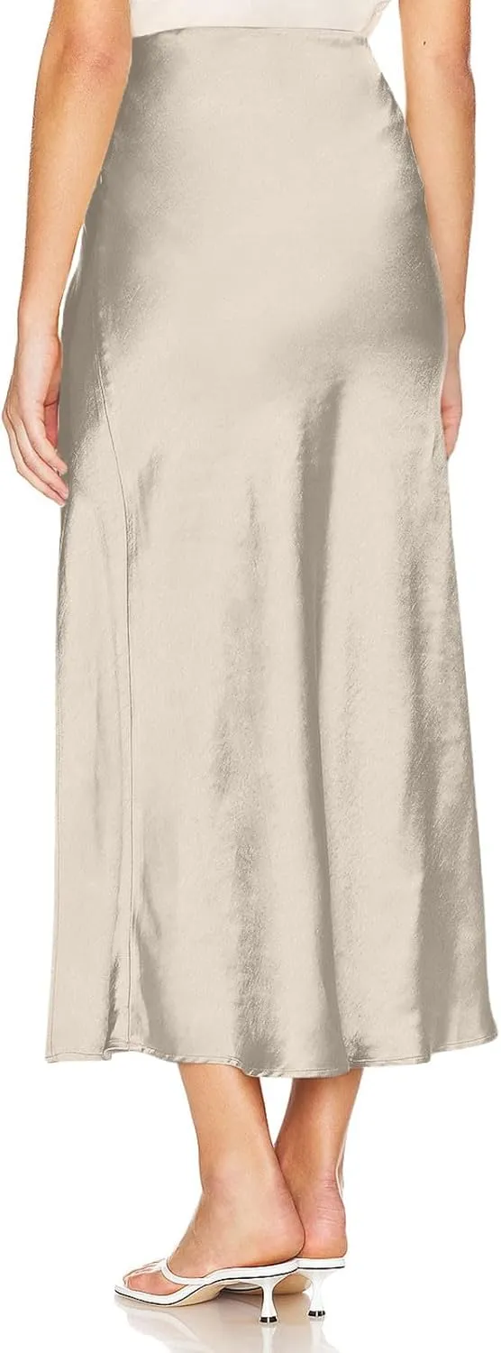 Women's Satin High Waisted Side Split Maxi Skirt Elastic Waistband Zipper Long Skirts A-Line Cocktail Work Skirt