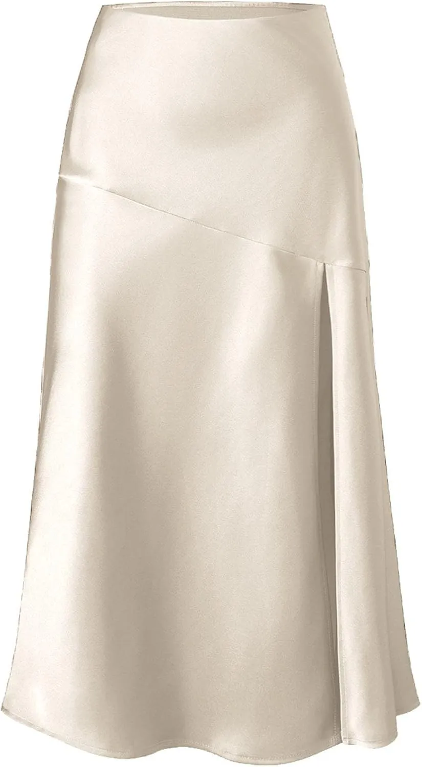 Women's Satin High Waisted Side Split Maxi Skirt Elastic Waistband Zipper Long Skirts A-Line Cocktail Work Skirt
