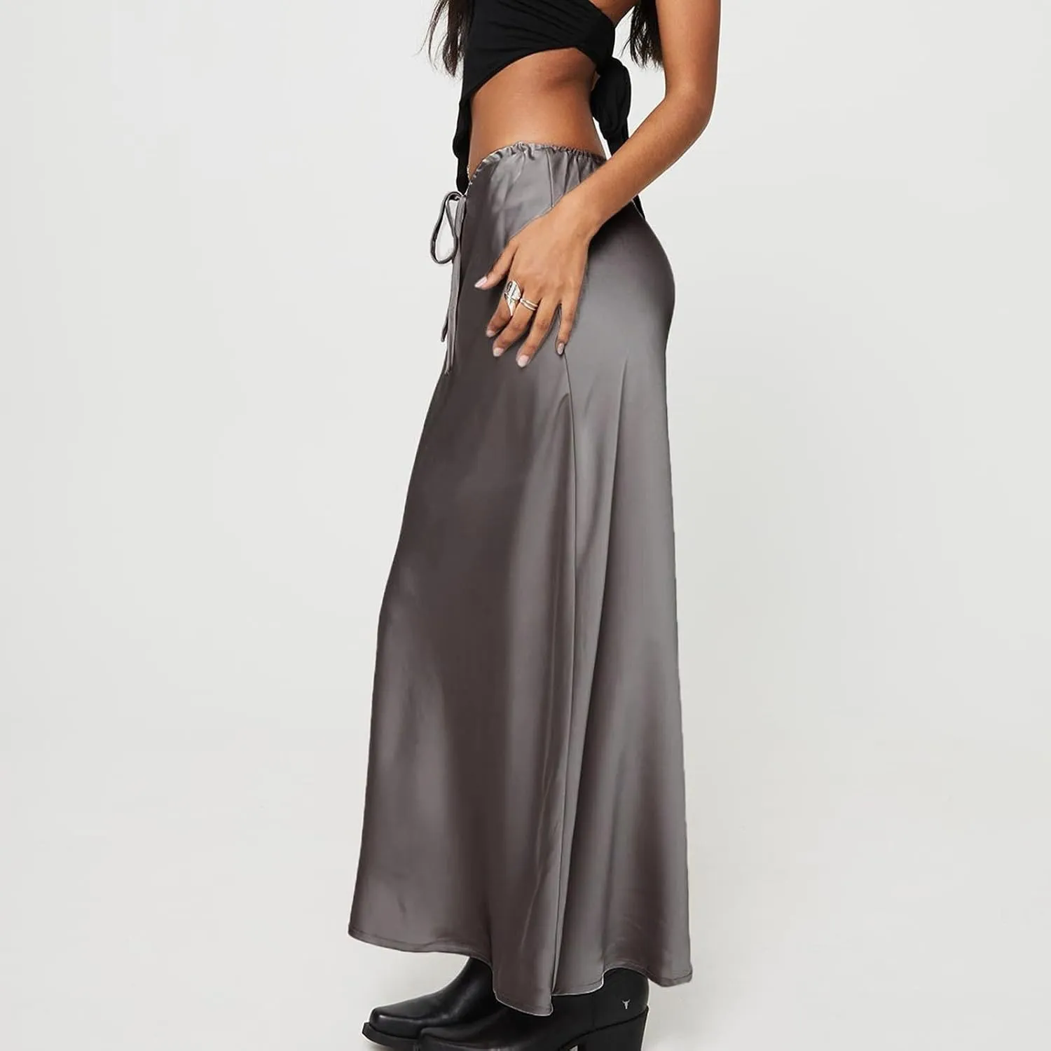 Women's Satin Maxi Skirts High Waist Silk Elegant Flowy Casual A-Line Long Skirt Cocktail Party Weekend Midi Skirt