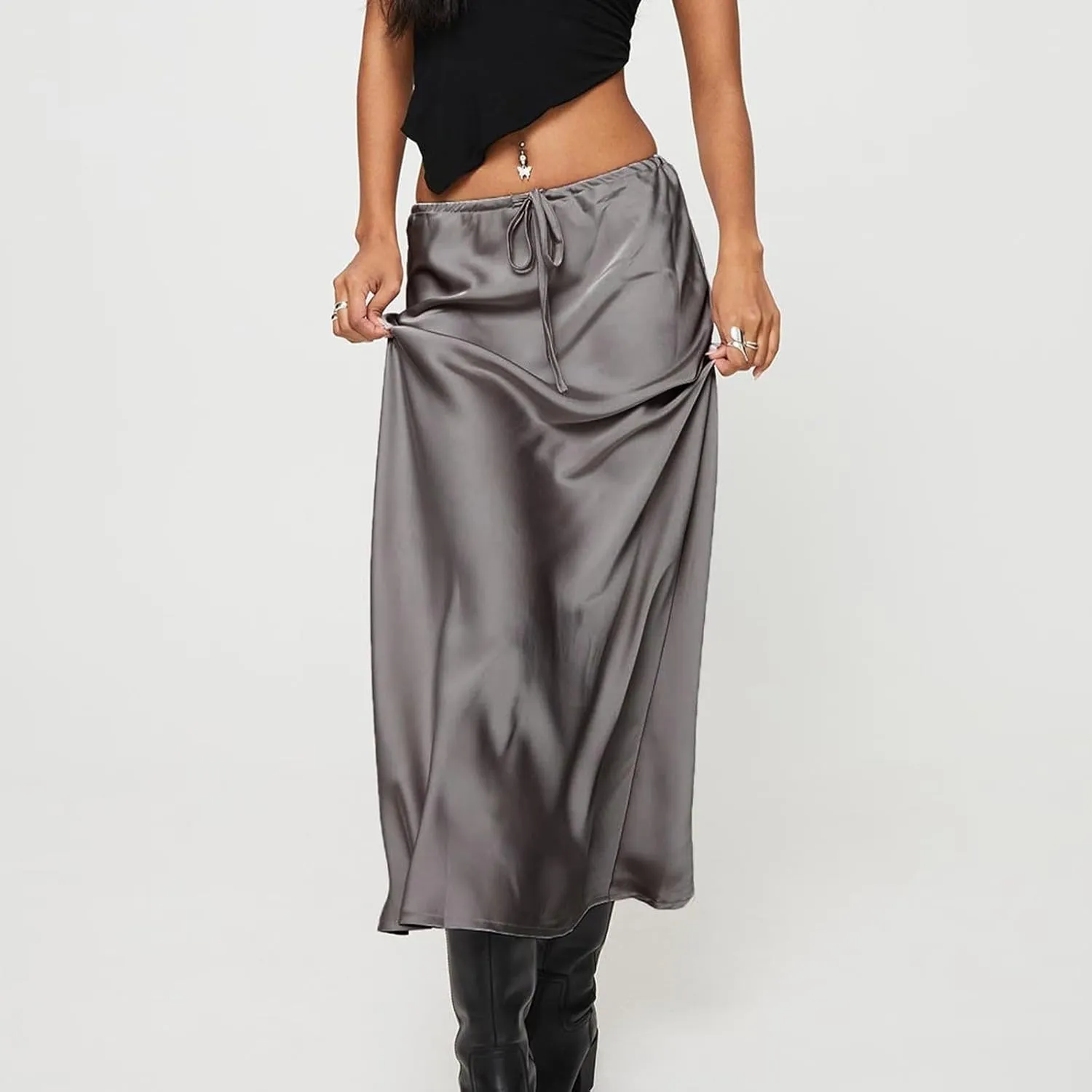 Women's Satin Maxi Skirts High Waist Silk Elegant Flowy Casual A-Line Long Skirt Cocktail Party Weekend Midi Skirt