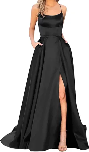 Women's Satin Prom Dresses with Slit Strapless Cowl Neck Corset Formal Dresses A Line Ball Gowns with Pockets