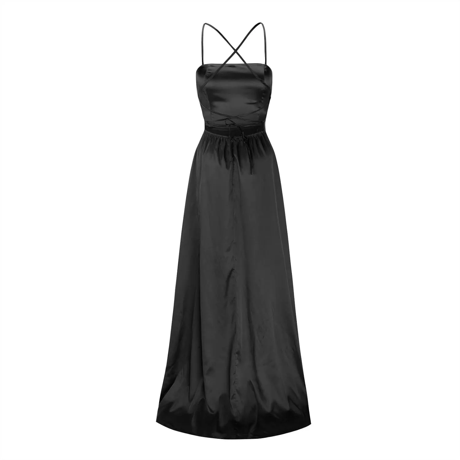 Women's Satin Prom Dresses with Slit Strapless Cowl Neck Corset Formal Dresses A Line Ball Gowns with Pockets