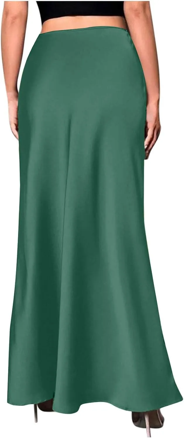 Womens Satin Silk Long Skirt 2025 Fashion Elegant Cocktail Party Flared Skirts Solid Color Casual High Waist Skirt