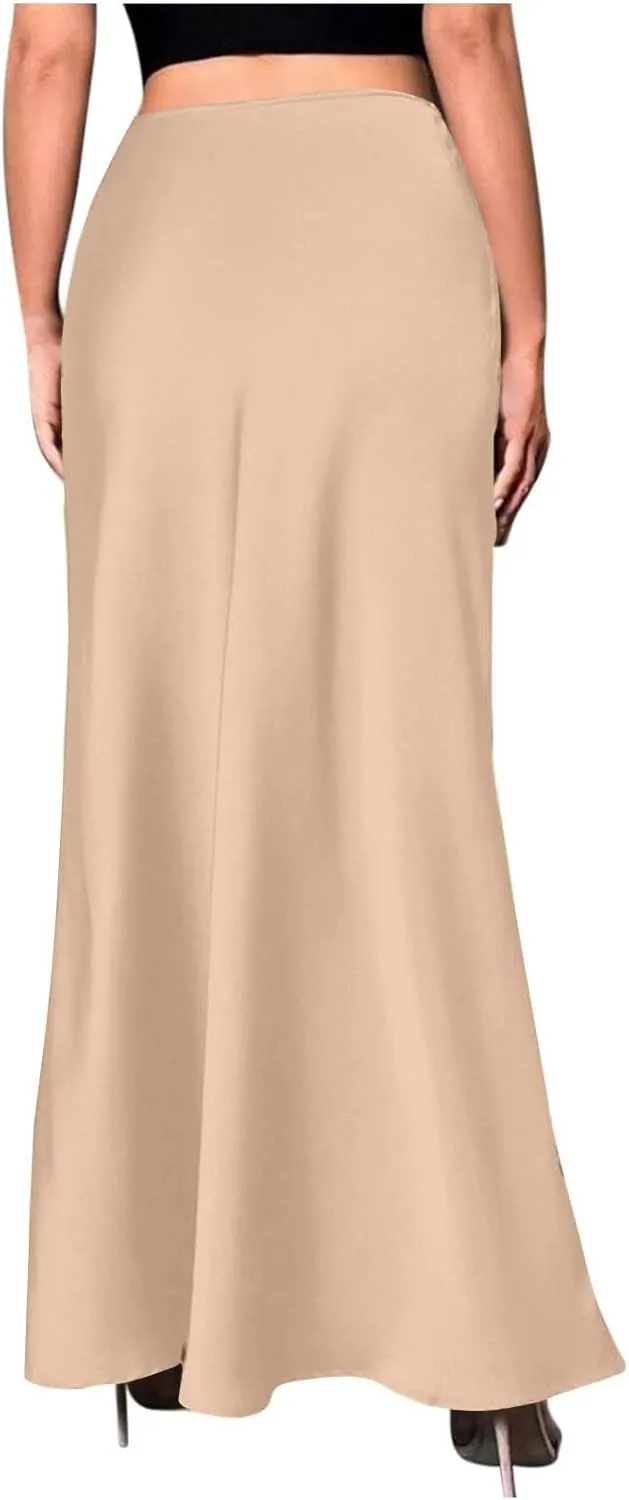 Womens Satin Silk Long Skirt 2025 Fashion Elegant Cocktail Party Flared Skirts Solid Color Casual High Waist Skirt