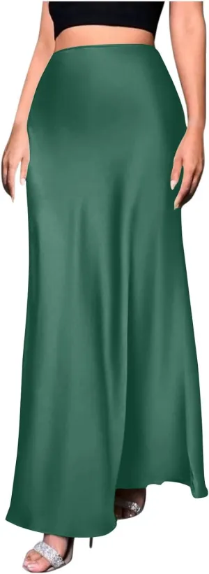Womens Satin Silk Long Skirt 2025 Fashion Elegant Cocktail Party Flared Skirts Solid Color Casual High Waist Skirt