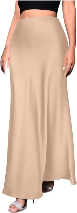 Womens Satin Silk Long Skirt 2025 Fashion Elegant Cocktail Party Flared Skirts Solid Color Casual High Waist Skirt