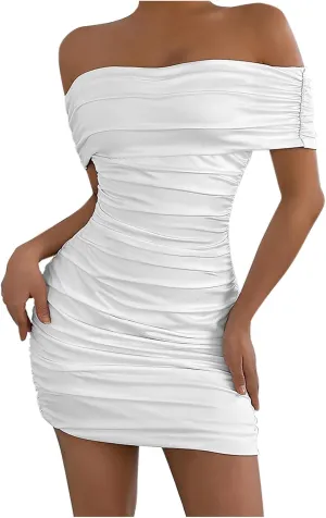 Women's Sexy Off Shoulder Sleeveless Bodycon Ruched Midi Elegant Cocktail Evening Party Night Tube Dress Cocktail Tube Dress