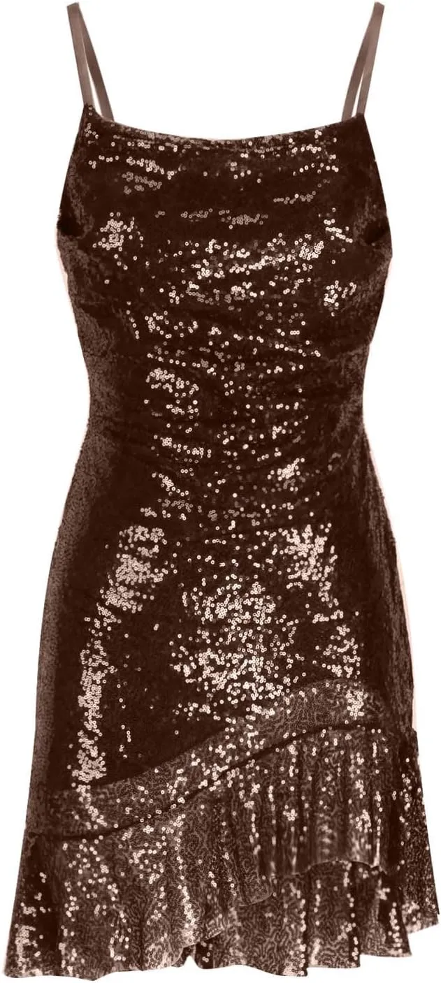 Women's Sexy Sequin Ruffle Hem Mini Dress Lace Up Backless Bodycon Spaghetti Straps Cocktail Party Night Club Dresses