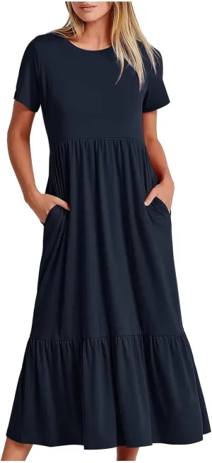 Women's Short Sleeve Crewneck Midi Dresses Simple Solid Color Sundress Loose Fit A Line Trendy Dresses