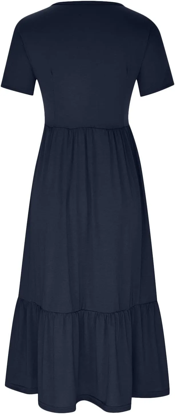 Women's Short Sleeve Crewneck Midi Dresses Simple Solid Color Sundress Loose Fit A Line Trendy Dresses