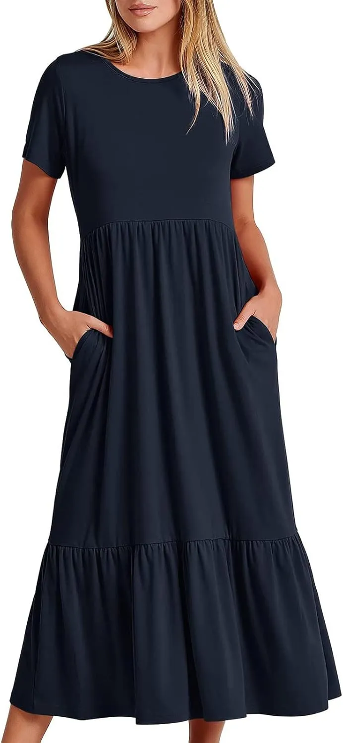 Women's Short Sleeve Crewneck Midi Dresses Simple Solid Color Sundress Loose Fit A Line Trendy Dresses