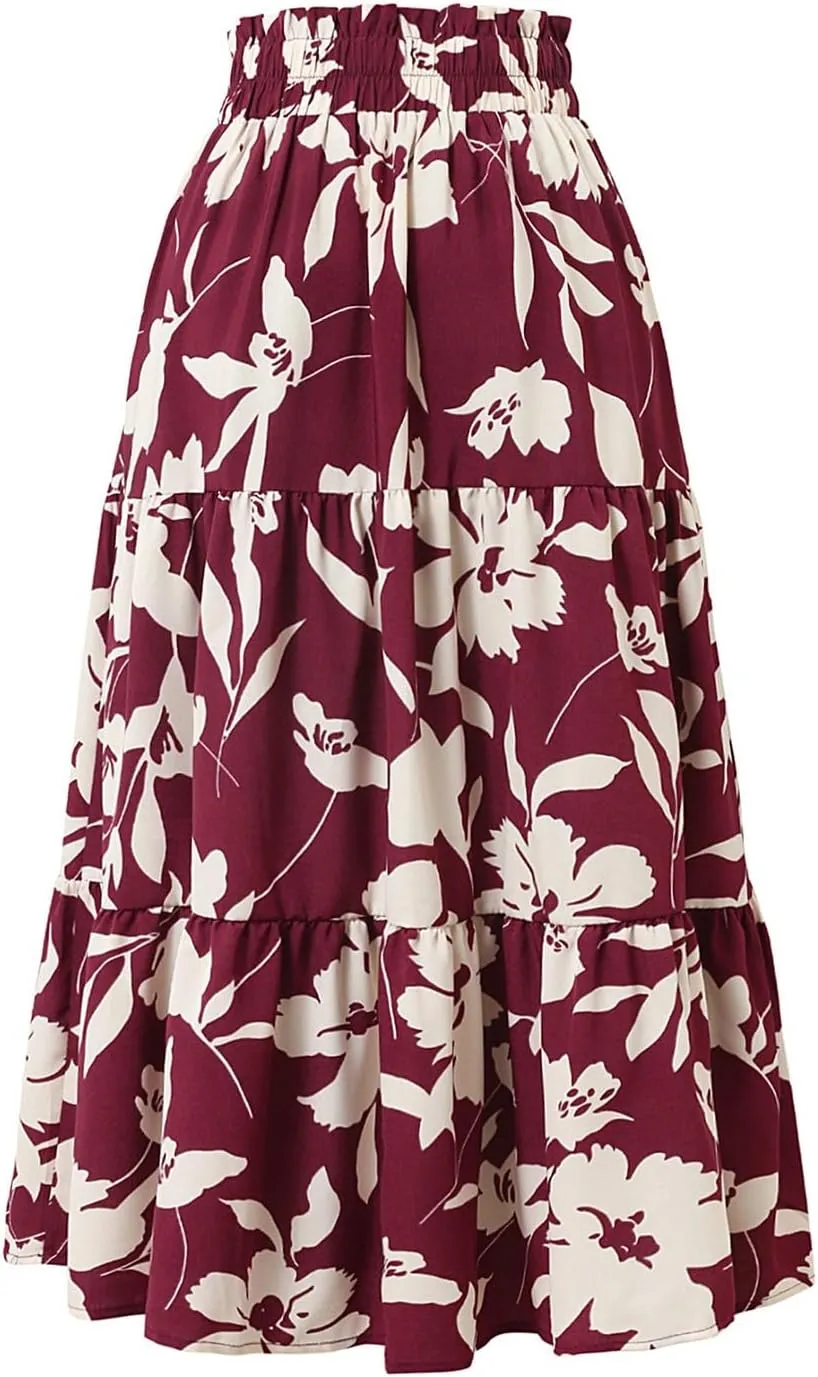 Womens Skirt Summer Drawstring High Waist Midi Skirt Work A-Line Floral Print Layered Tiered Ruffle Skirts Knee Length