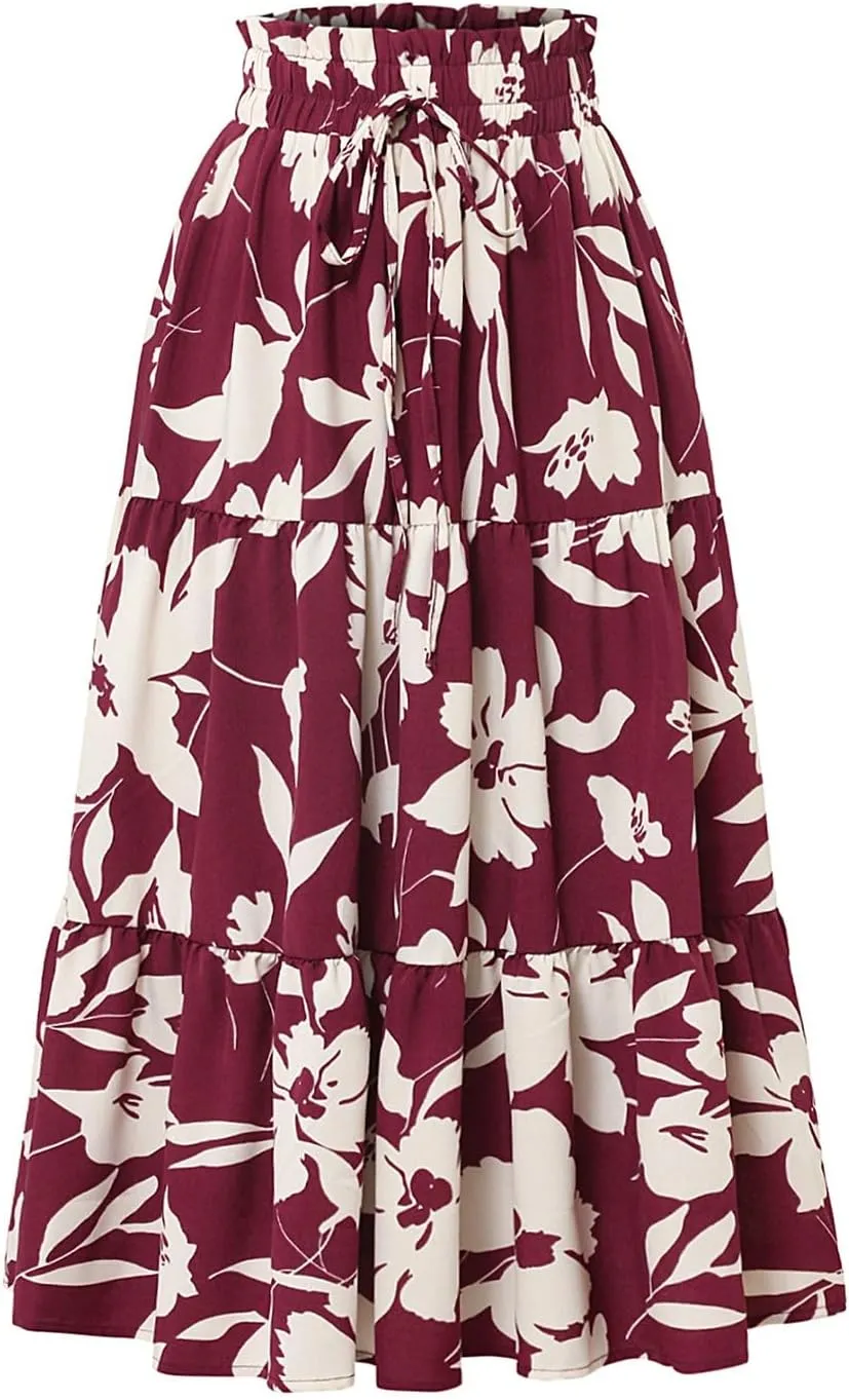 Womens Skirt Summer Drawstring High Waist Midi Skirt Work A-Line Floral Print Layered Tiered Ruffle Skirts Knee Length