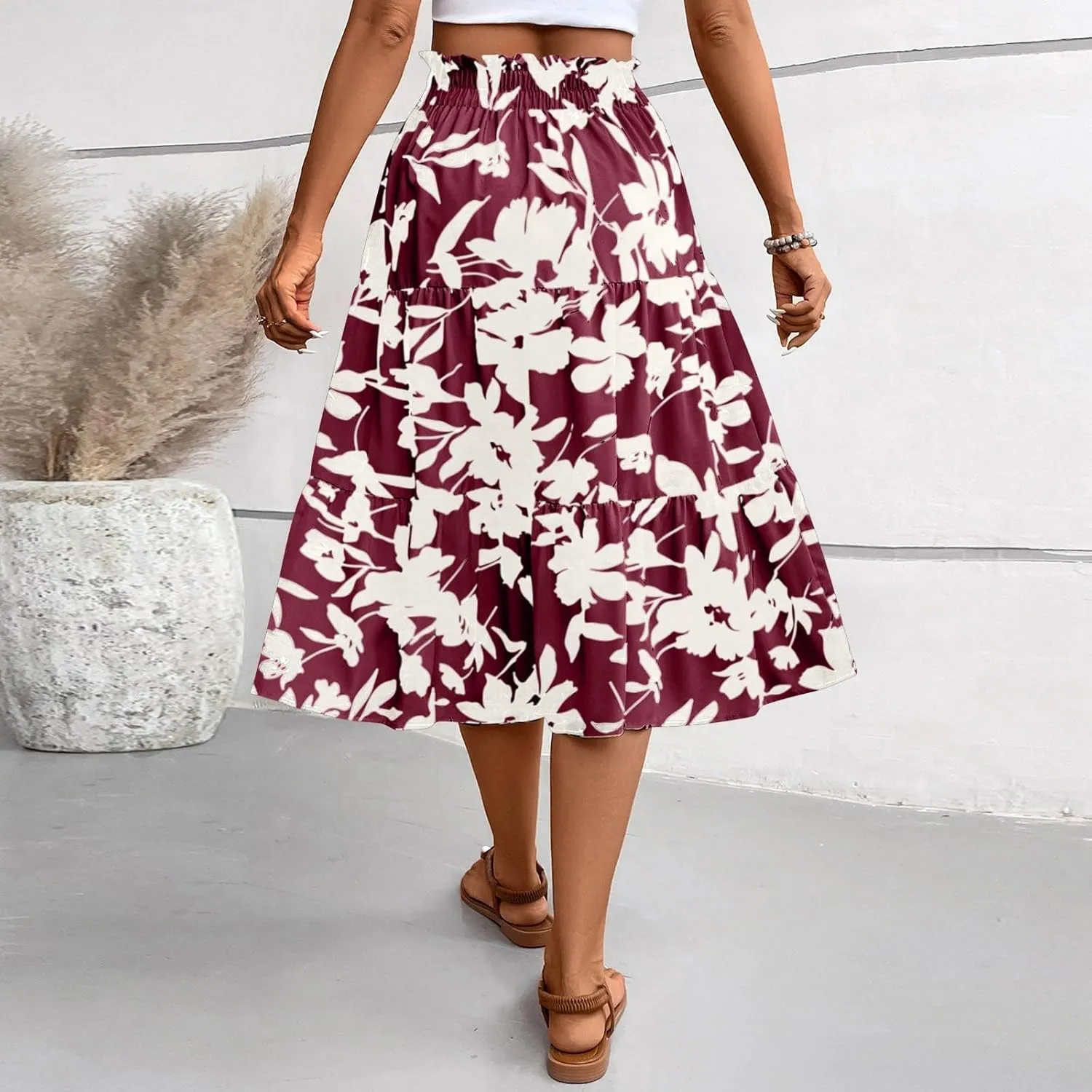 Womens Skirt Summer Drawstring High Waist Midi Skirt Work A-Line Floral Print Layered Tiered Ruffle Skirts Knee Length