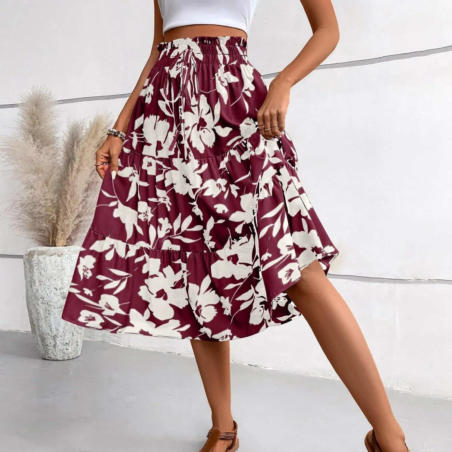 Womens Skirt Summer Drawstring High Waist Midi Skirt Work A-Line Floral Print Layered Tiered Ruffle Skirts Knee Length