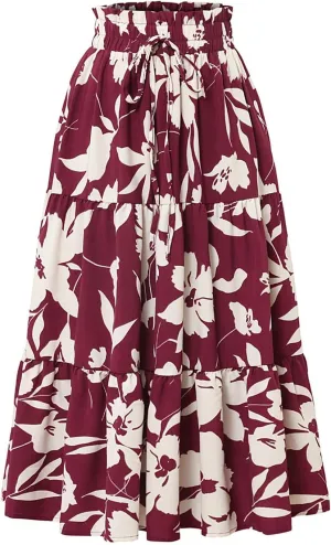 Womens Skirt Summer Drawstring High Waist Midi Skirt Work A-Line Floral Print Layered Tiered Ruffle Skirts Knee Length