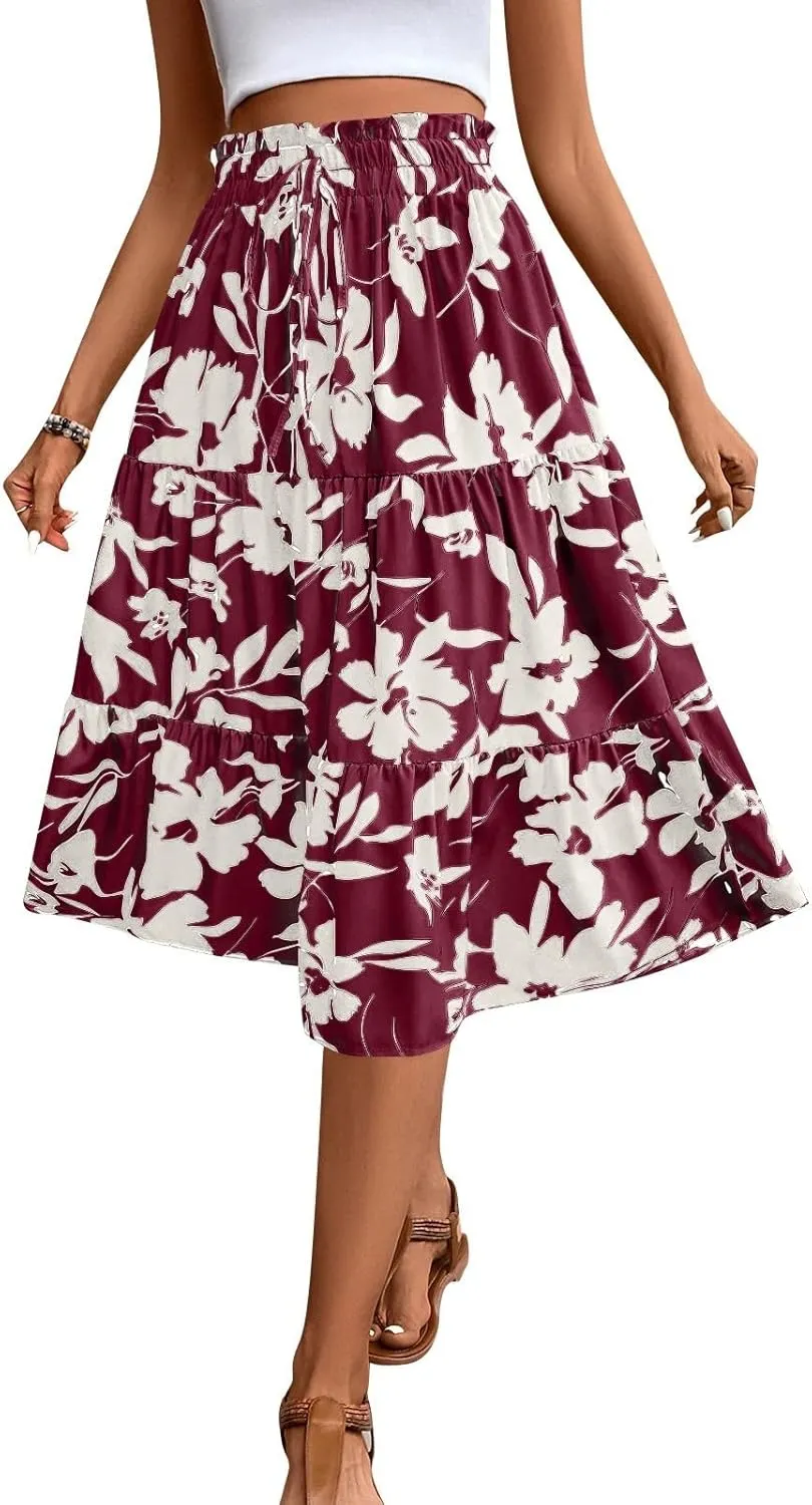 Womens Skirt Summer Drawstring High Waist Midi Skirt Work A-Line Floral Print Layered Tiered Ruffle Skirts Knee Length
