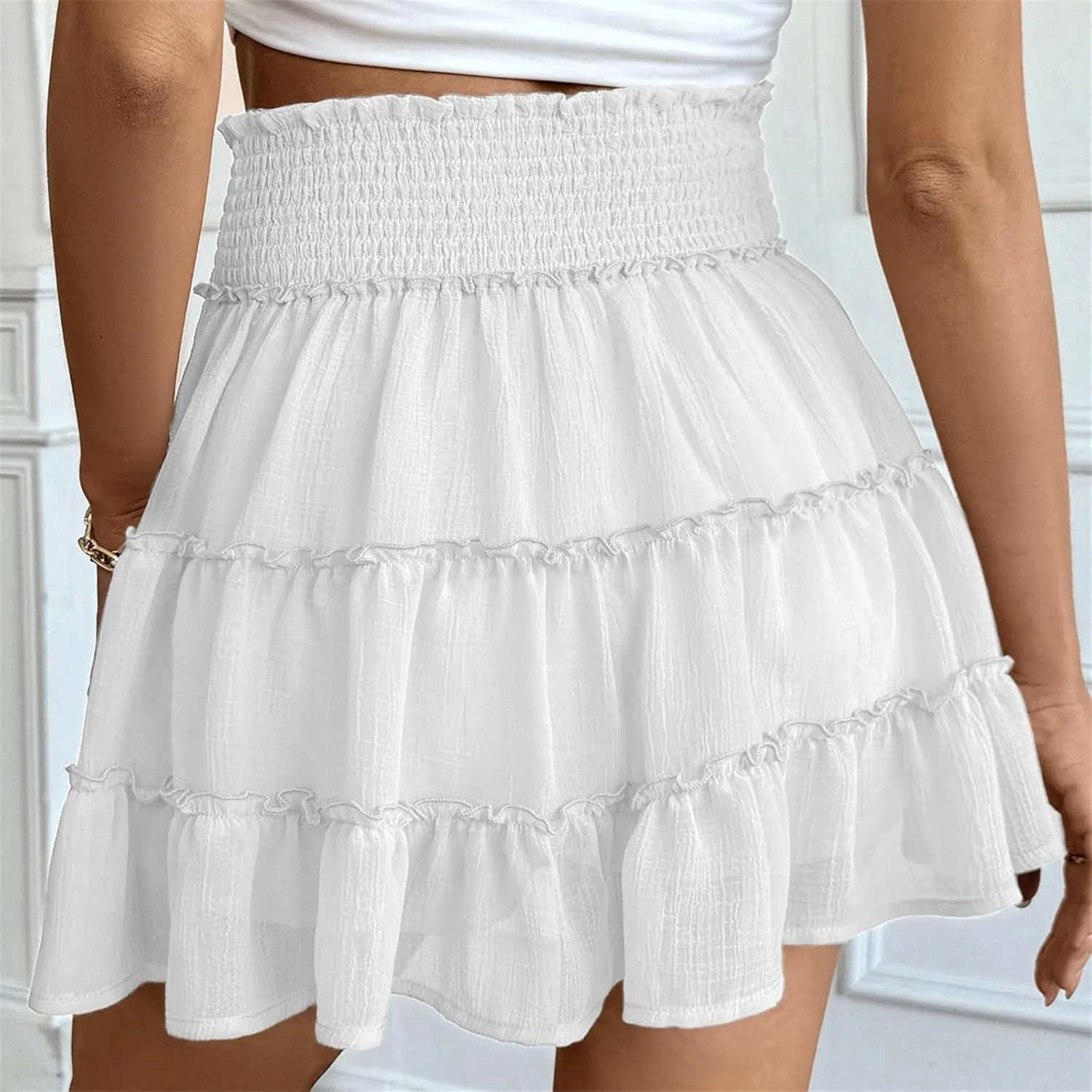 Women's Skirt with Shorts Elastic Waist Pleated Layer Ruffle Hem Short Skirt Casual Fashion Flowy Beach A Line Skort