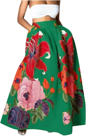 Women's Skirts Boho Maxi Skirt Fashion Loose Floral Printed Colorful Skirt High Waist Beach Maxi Trendy Skirt with Pocket