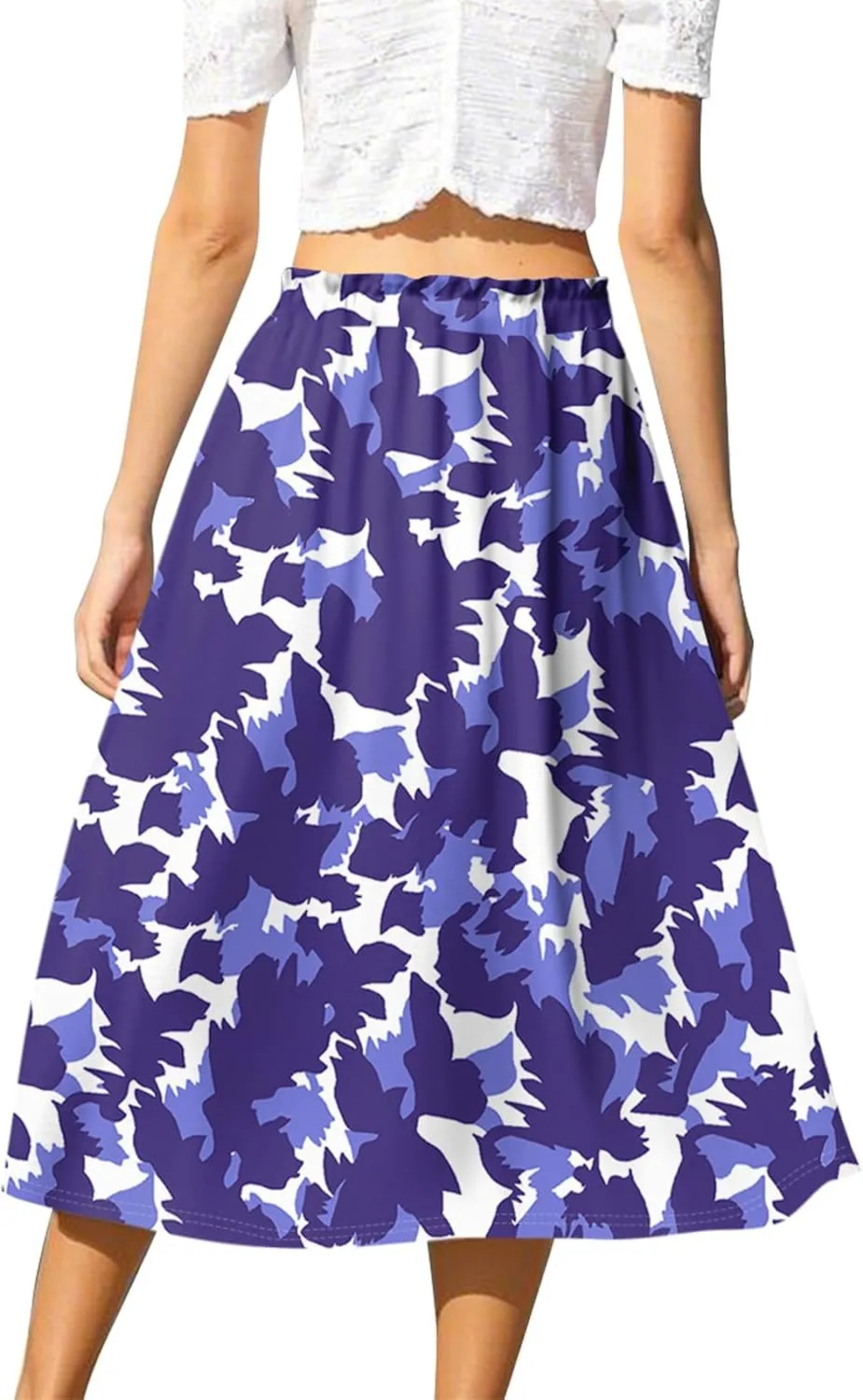 Womens Skirts Midi Length Boho Summer Drawstring Elastic High Waist Skirts Knee Length A Line Floral Pleated Skirt