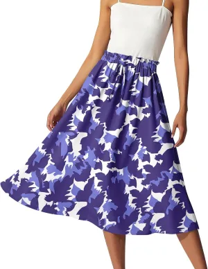 Womens Skirts Midi Length Boho Summer Drawstring Elastic High Waist Skirts Knee Length A Line Floral Pleated Skirt