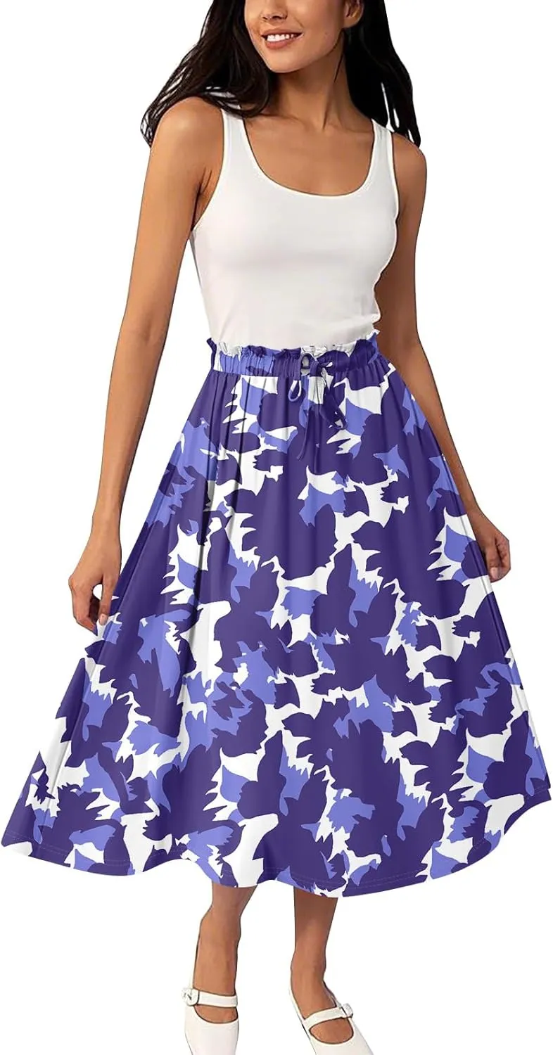Womens Skirts Midi Length Boho Summer Drawstring Elastic High Waist Skirts Knee Length A Line Floral Pleated Skirt