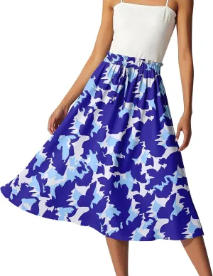 Womens Skirts Midi Length Flowy Summer Drawstring Elastic High Waist Knee Skirt A Line Floral Pleated Skirts