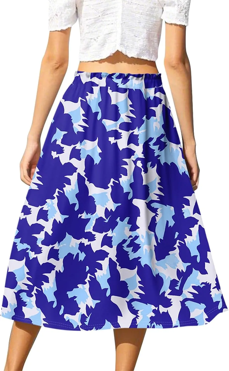 Womens Skirts Midi Length Flowy Summer Drawstring Elastic High Waist Knee Skirt A Line Floral Pleated Skirts