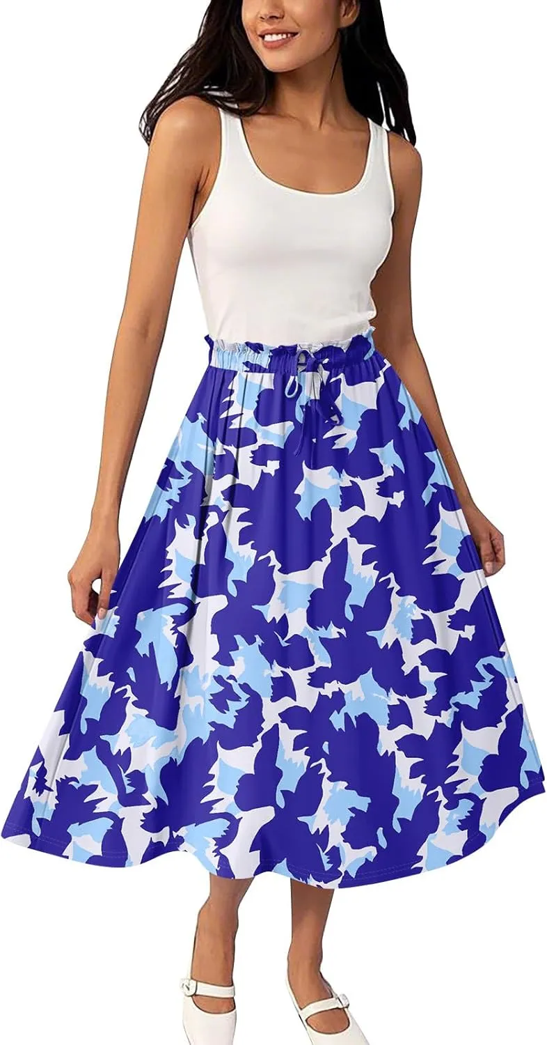 Womens Skirts Midi Length Flowy Summer Drawstring Elastic High Waist Knee Skirt A Line Floral Pleated Skirts