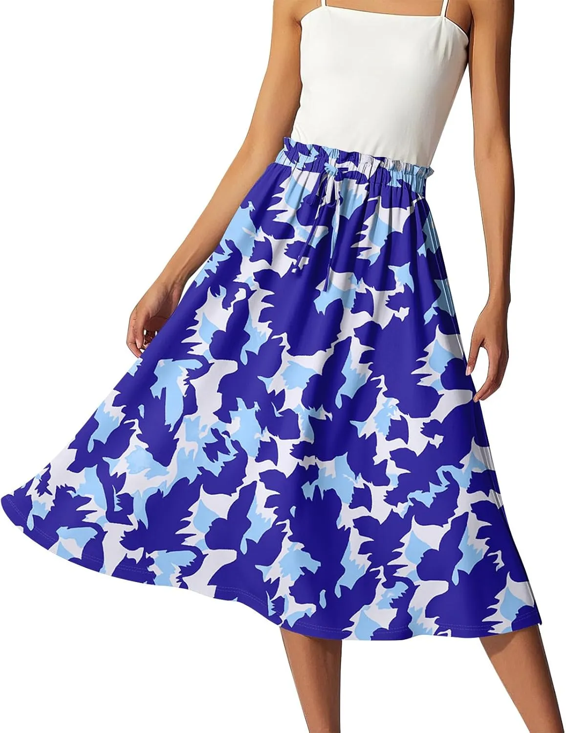 Womens Skirts Midi Length Flowy Summer Drawstring Elastic High Waist Knee Skirt A Line Floral Pleated Skirts