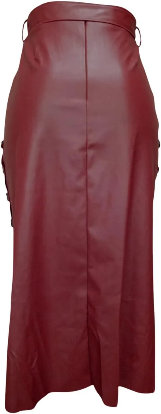 Women's Skirts PU Sexy Side Split Button Down Skirt Fashion Trendy Tie Knot High Low Hem Skater Skirts Streetwear