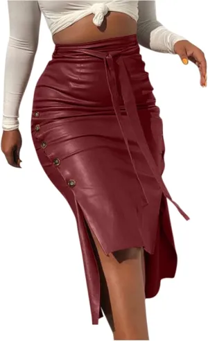 Women's Skirts PU Sexy Side Split Button Down Skirt Fashion Trendy Tie Knot High Low Hem Skater Skirts Streetwear