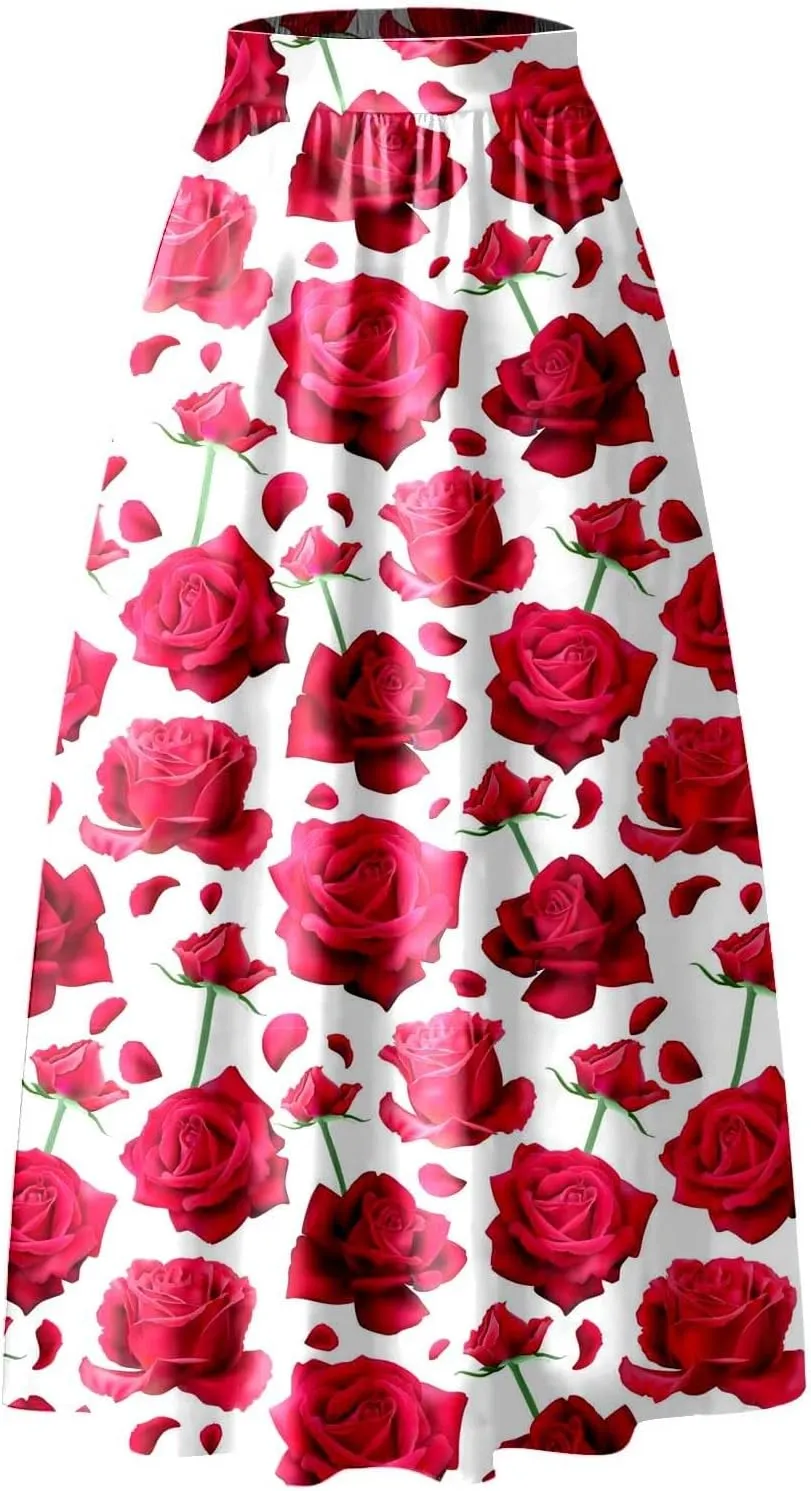 Women's Skirts Summer Boho Maxi Skirt Fashion Loose Floral Printed Skirt High Waisted Beach Maxi Skirt with Pocket