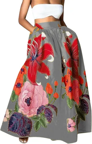 Women's Skirts Summer Boho Maxi Skirt Fashion Loose Floral Printed Skirt High Waisted Beach Maxi Skirt with Pocket