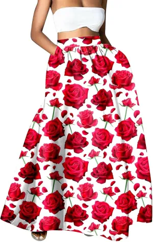 Women's Skirts Summer Boho Maxi Skirt Fashion Loose Floral Printed Skirt High Waisted Beach Maxi Skirt with Pocket