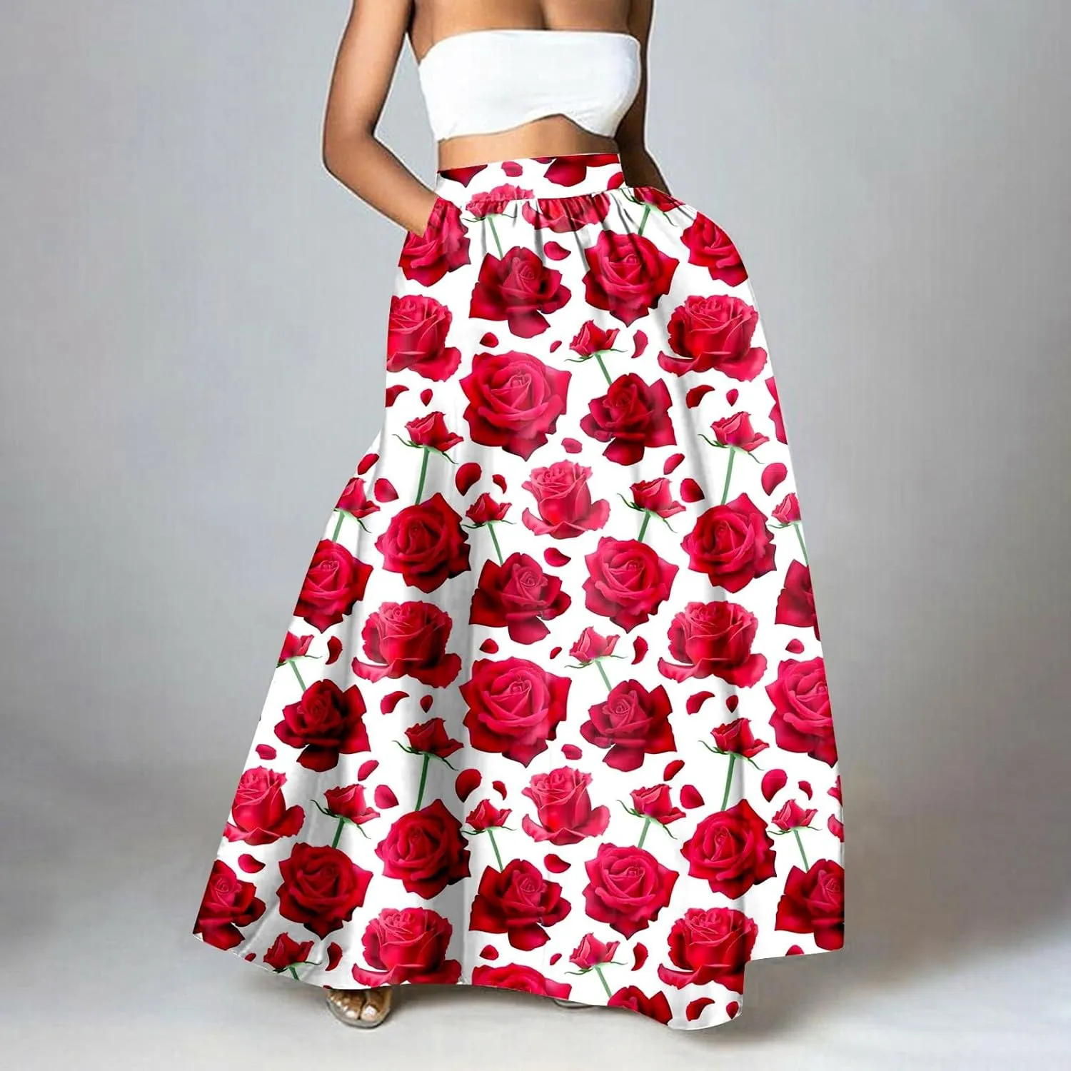 Women's Skirts Summer Boho Maxi Skirt Fashion Loose Floral Printed Skirt High Waisted Beach Maxi Skirt with Pocket