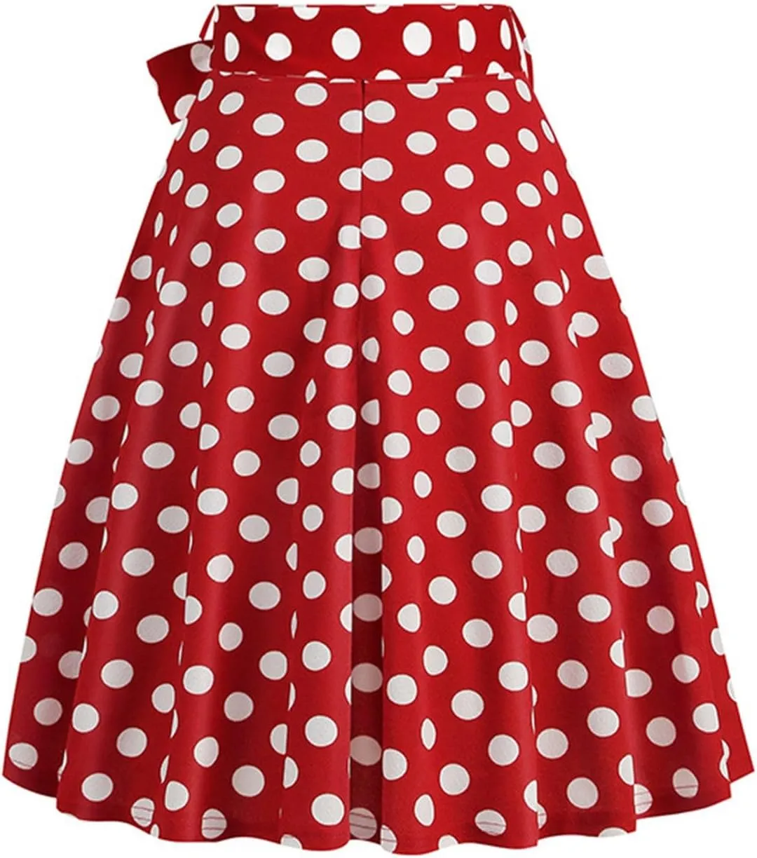 Women's Skirts Summer High Waist a-Line Casual Midi Dress Slim Fit Polka Dot Ruffle Bandage Flared Bohemian Skirt