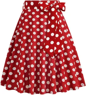 Women's Skirts Summer High Waist a-Line Casual Midi Dress Slim Fit Polka Dot Ruffle Bandage Flared Bohemian Skirt
