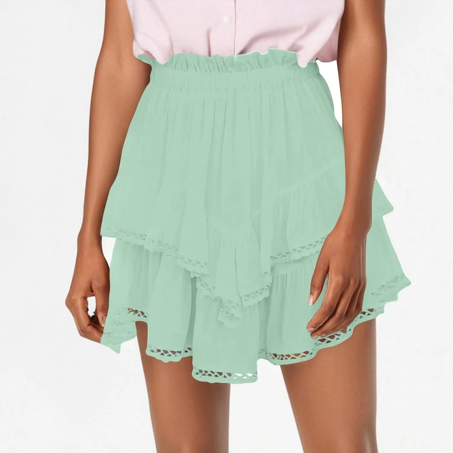 Women's Skirts Trendy 2025 Summer Casual Loose Elastic Waist Solid Color Pleated Sun Tennis Beach Skirt, S-2XL