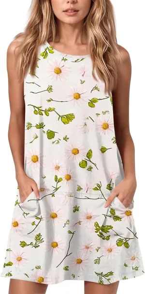 Women's Sleeveless Floral Print Summer Dress with Pockets Casual Loose Fit A-Line Summer for Beach & Party