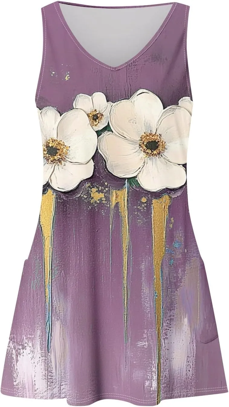 Women's Sleeveless Summer Dress V-Neck Casual Loose Fit with Abstract Purple Print, Lightweight and Breathable
